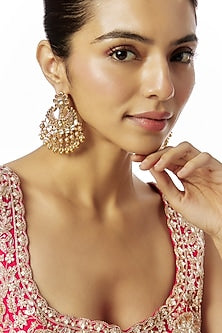 Gold Finish Kundan Polki & Red Stone Temple Jhumka Earrings