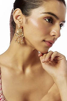 Gold Finish Kundan Polki & Multi-Colored Stone Temple Jhumka  Earrings