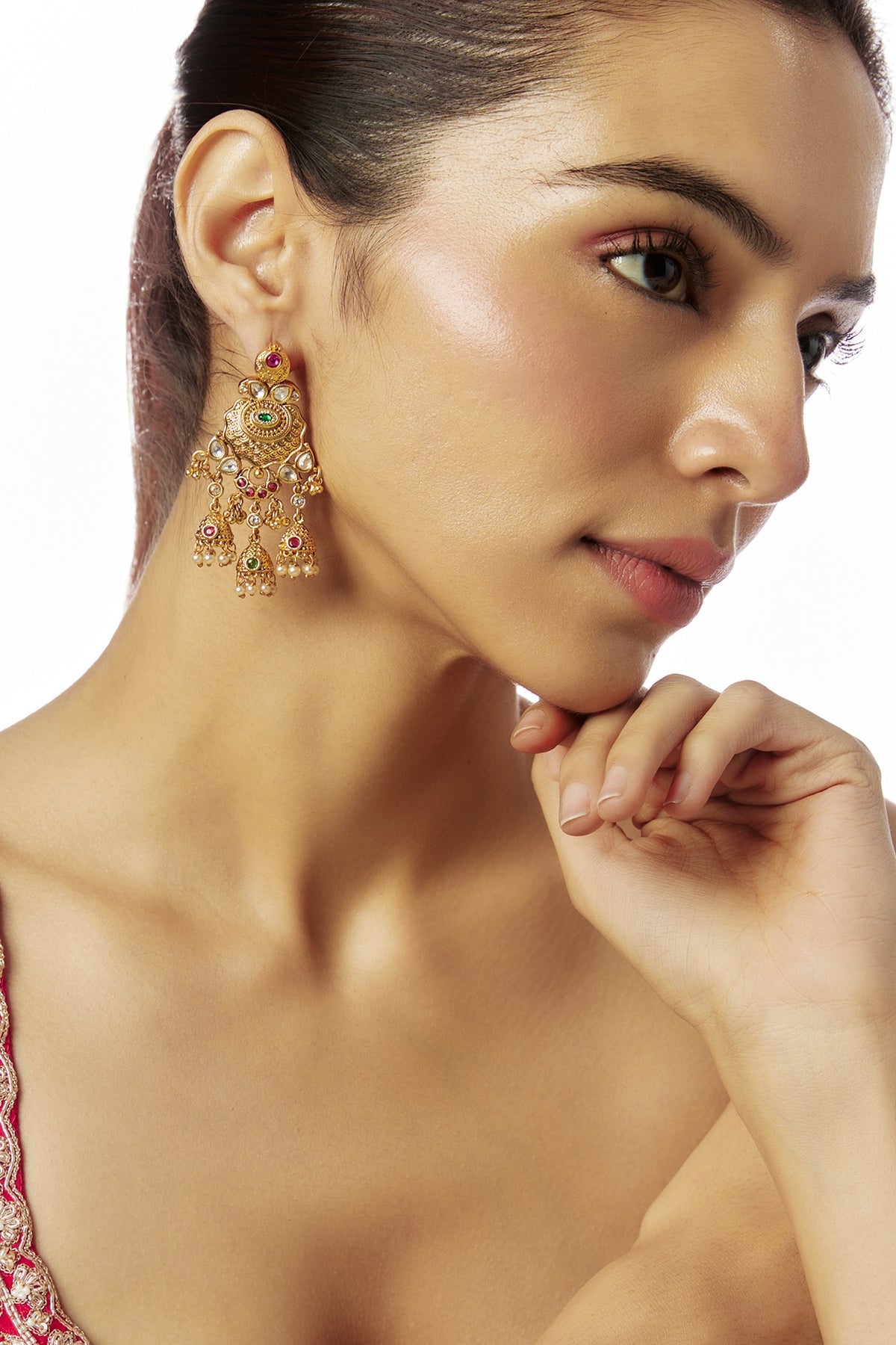 Gold Finish Kundan Polki & Multi-Colored Stone Temple Jhumka  Earrings