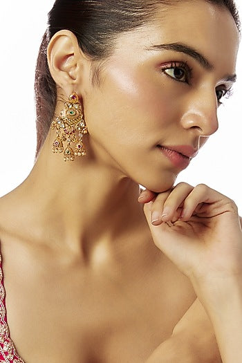 Gold Finish Kundan Polki & Multi-Colored Stone Temple Jhumka  Earrings