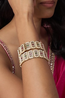 Gold Finish Kundan Polki & Multi-Colored Stone Temple Bangles (Set Of 2)