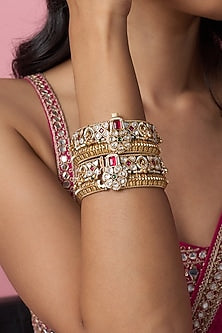 Gold Finish Kundan Polki & Multi-Colored Stone Temple Bangles (Set Of 2)