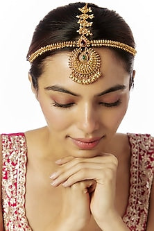 Gold Finish Ruby Synthetic Stone Temple Mathapatti