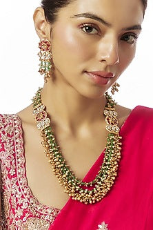 Gold Finish Kundan Polki & Multi-Colored Stone Temple Mala Set