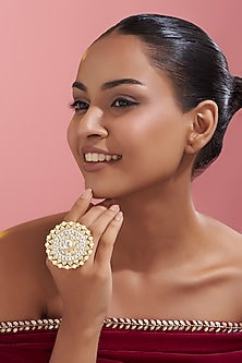 Gold Finish Kundan Polki & Pearl Ring