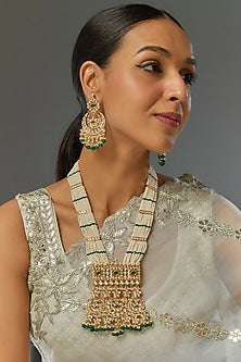 Gold Finish Kundan Polki & Green Stone Mala Set