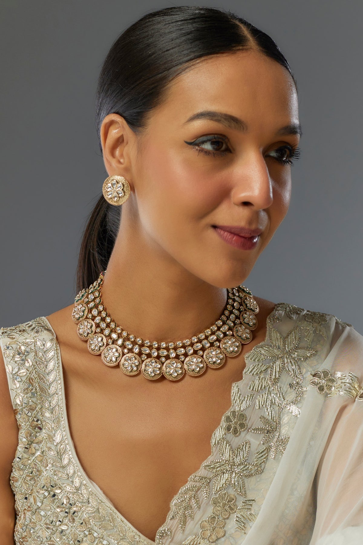 Gold Finish Kundan Polki Necklace Set