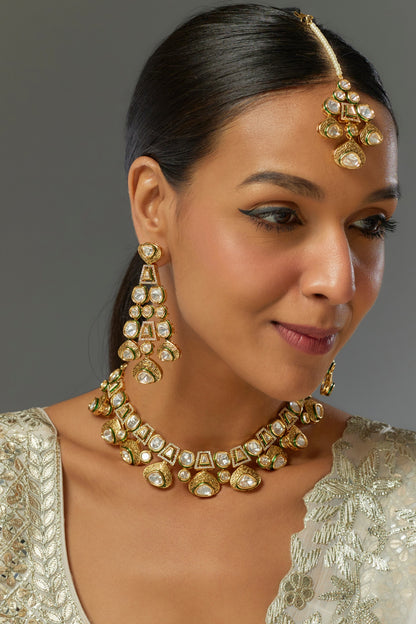Gold Finish Kundan Polki Necklace Set