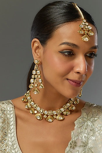 Gold Finish Kundan Polki Necklace Set