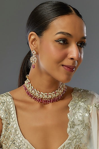 Gold Finish Kundan Polki & Red Stone Necklace Set