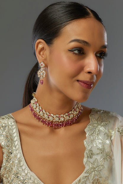 Gold Finish Kundan Polki & Red Stone Necklace Set