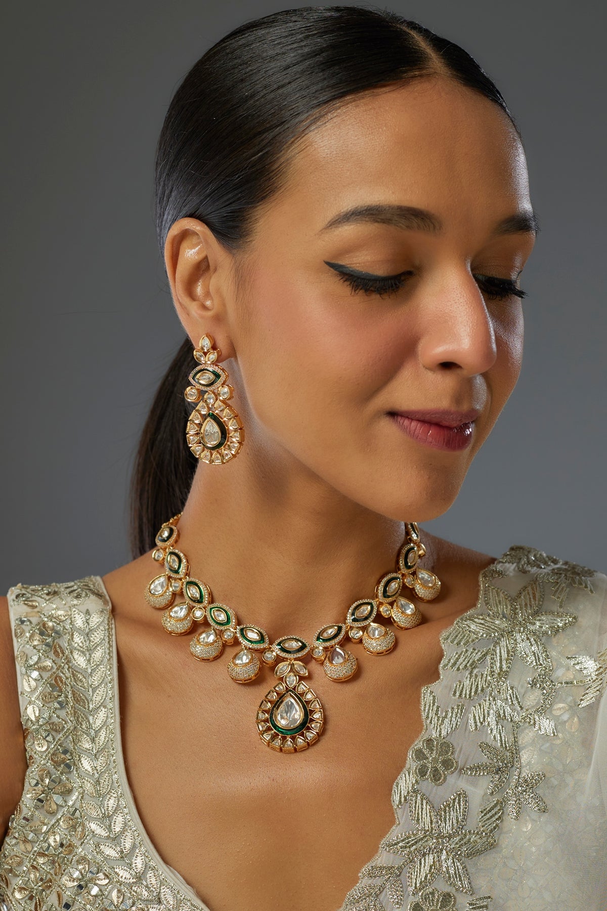 Gold Finish Kundan Polki & Green Stone Necklace Set