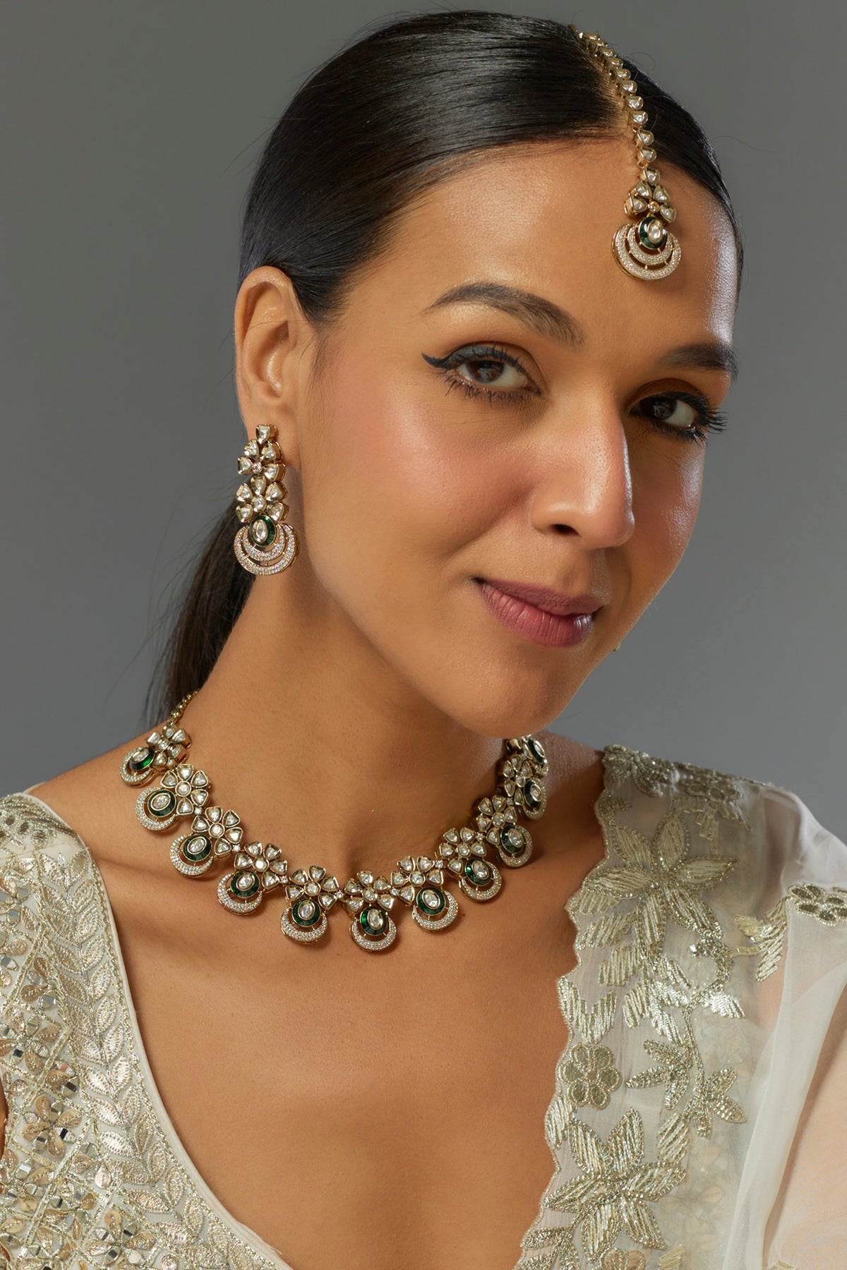Gold Finish Kundan Polki & Green Stone Necklace Set