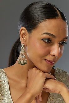 Gold Finish Kundan Polki & Green Stone Jhumka Earrings