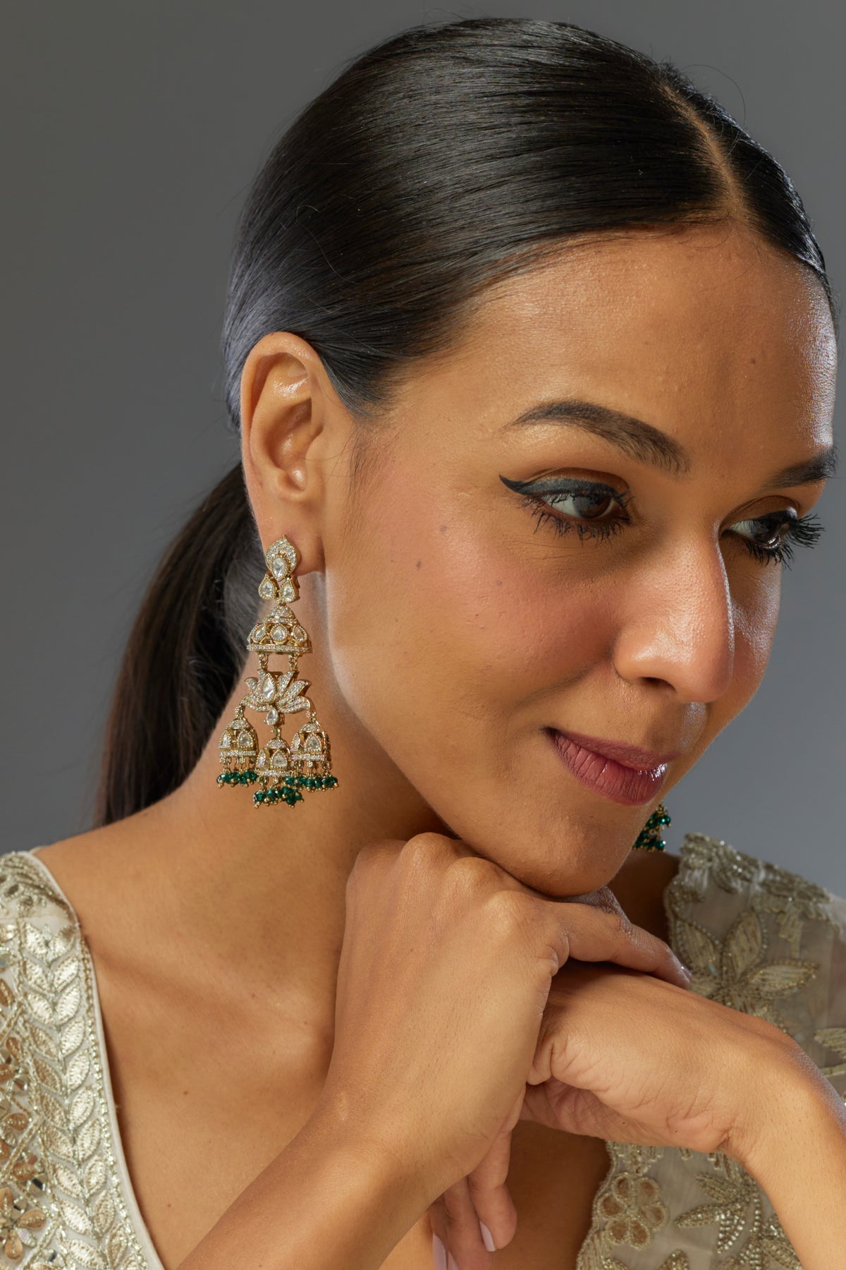 Gold Finish Kundan Polki & Green Stone Jhumka Earrings