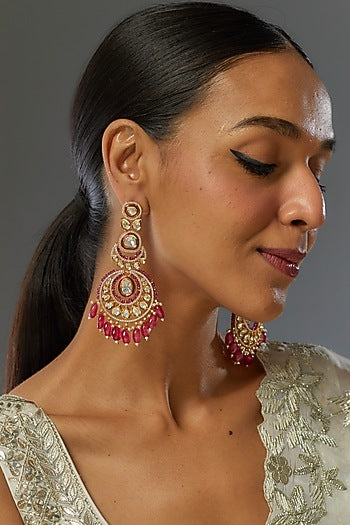 Gold Finish Kundan Polki & Red Stone Chandbaali Earrings