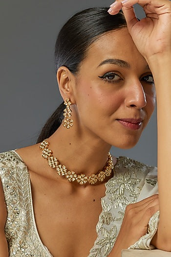 Gold Finish Kundan Polki Necklace Set