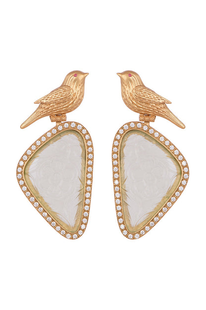 Gold Finish Green Stone Bird Earrings