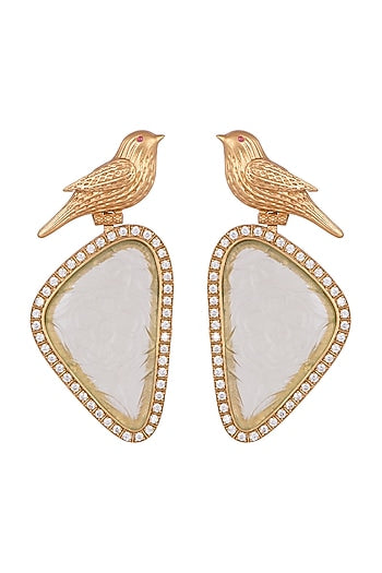 Gold Finish Green Stone Bird Earrings