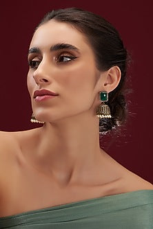 Black Rhodium Finish Kundan Polki & Green Synthetic Stone Jhumka Earrings