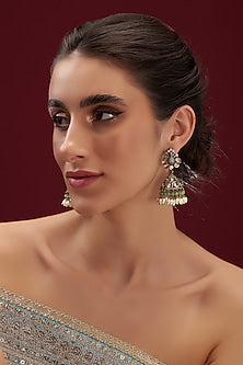 Gold Finish Kundan Polki & Green Drop Jhumka Earrings