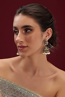 Gold Finish Kundan Polki & Green Drop Jhumka Earrings