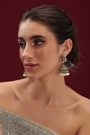 Gold Finish Kundan Polki & Green Drop Jhumka Earrings