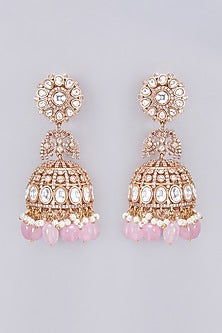Gold Finish Kundan Polki & Pink Beaded Jhumka Earrings