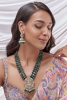 Gold Finish Kundan Polki & Emerald Long Necklace Set