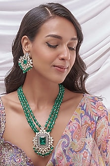 Gold Finish Kundan Polki & Emerald Long Necklace Set