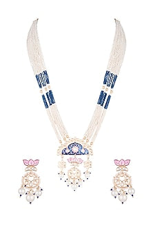 Gold Finish Kundan Polki & Faux Pearl Enameled Mala Necklace Set