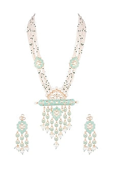 Gold Finish Kundan Polki & Faux Pearl Enameled Long Necklace Set