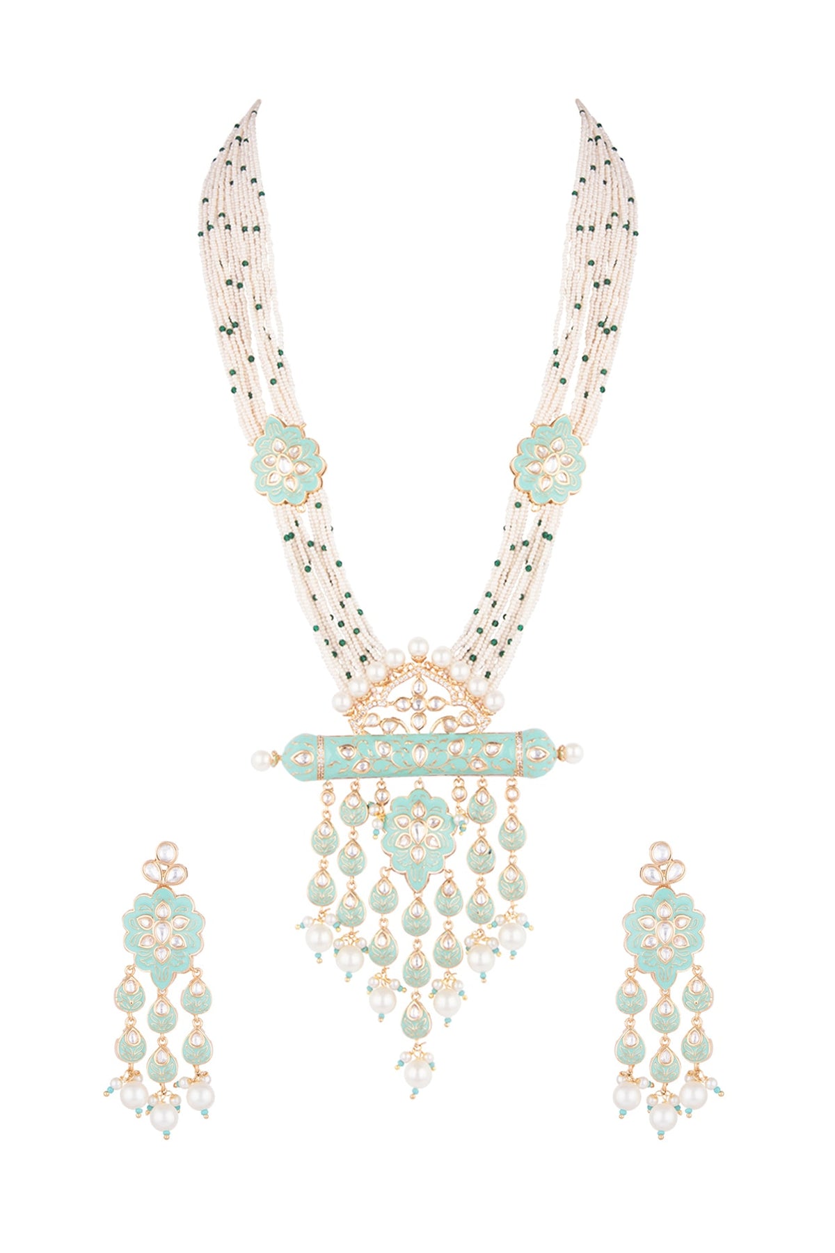 Gold Finish Kundan Polki & Faux Pearl Enameled Long Necklace Set