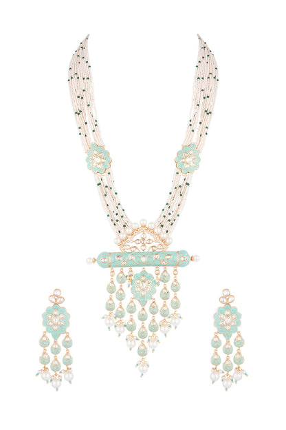 Gold Finish Kundan Polki & Faux Pearl Enameled Long Necklace Set