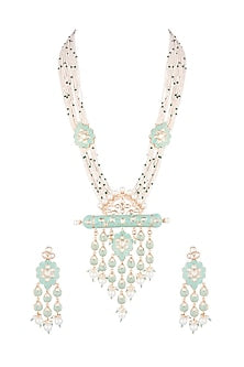 Gold Finish Kundan Polki & Faux Pearl Enameled Long Necklace Set