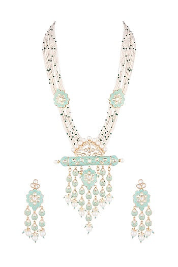 Gold Finish Kundan Polki & Faux Pearl Enameled Long Necklace Set