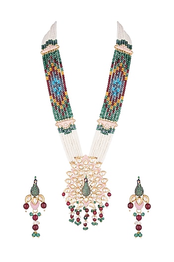 Gold Finish Faux Kundan Polki Enameled Peacock Mala Set