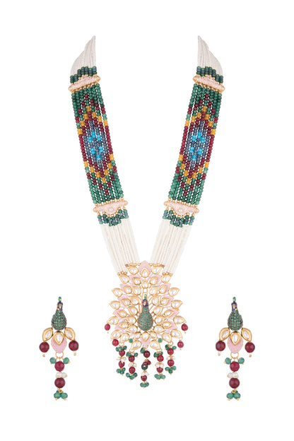Gold Finish Faux Kundan Polki Enameled Peacock Mala Set