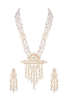 Gold Finish Kundan Polki & Faux Pearl Enameled Long Mala Set