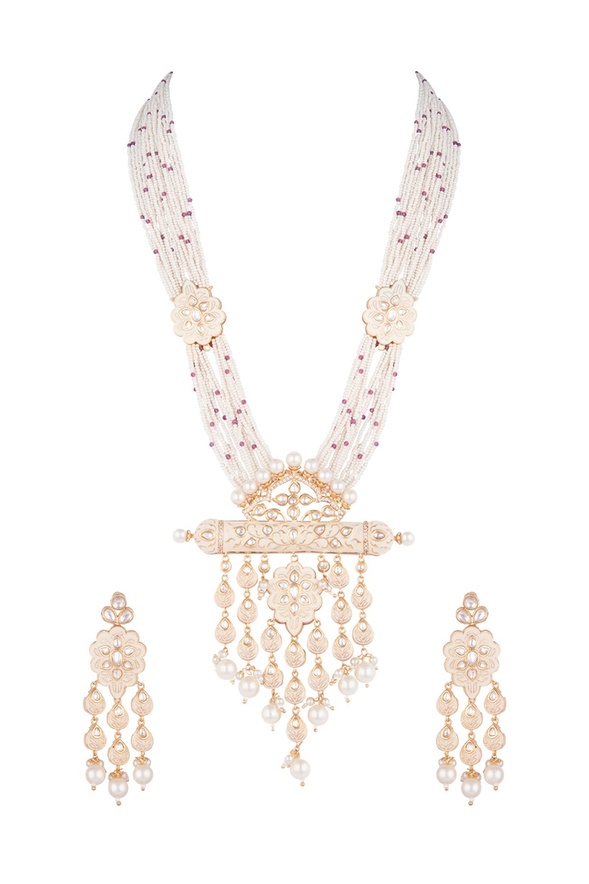 Gold Finish Kundan Polki & Faux Pearl Enameled Long Mala Set