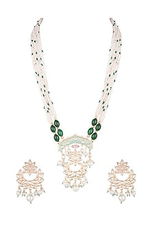 Gold Finish Kundan Polki & Green Stone Enameled Necklace Set