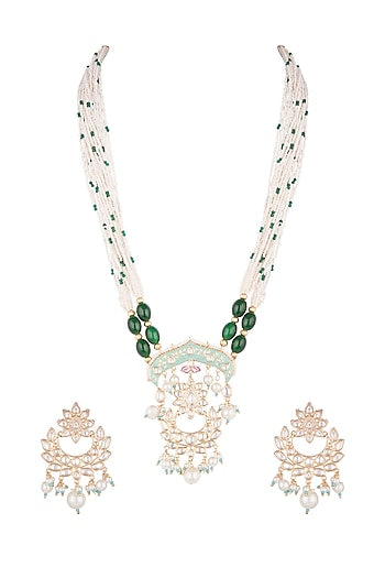 Gold Finish Kundan Polki & Green Stone Enameled Necklace Set