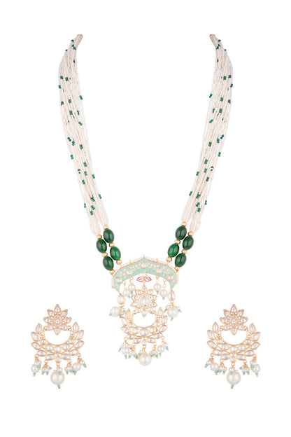 Gold Finish Kundan Polki & Green Stone Enameled Necklace Set