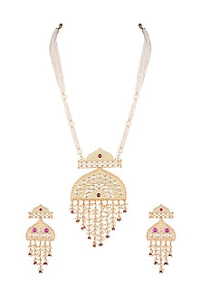 Gold Finish Faux Kundan Polki & Red Stone Long Necklace Set
