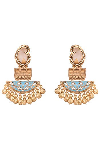 Gold Finish Kundan Polki & Pink Stone Enameled Earrings