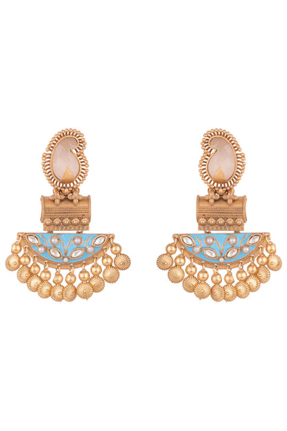 Gold Finish Kundan Polki & Pink Stone Enameled Earrings