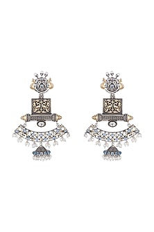 Black Rhodium Finish Faux Pearl & Blue Stone Earrings