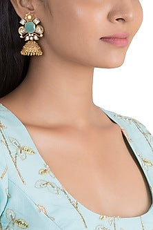 Gold Finish Blue Stone & Faux Kundan Polki Earrings