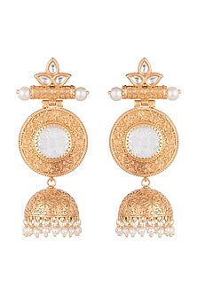 Gold Finish White Stone & Kundan Polki Jhumka Earrings