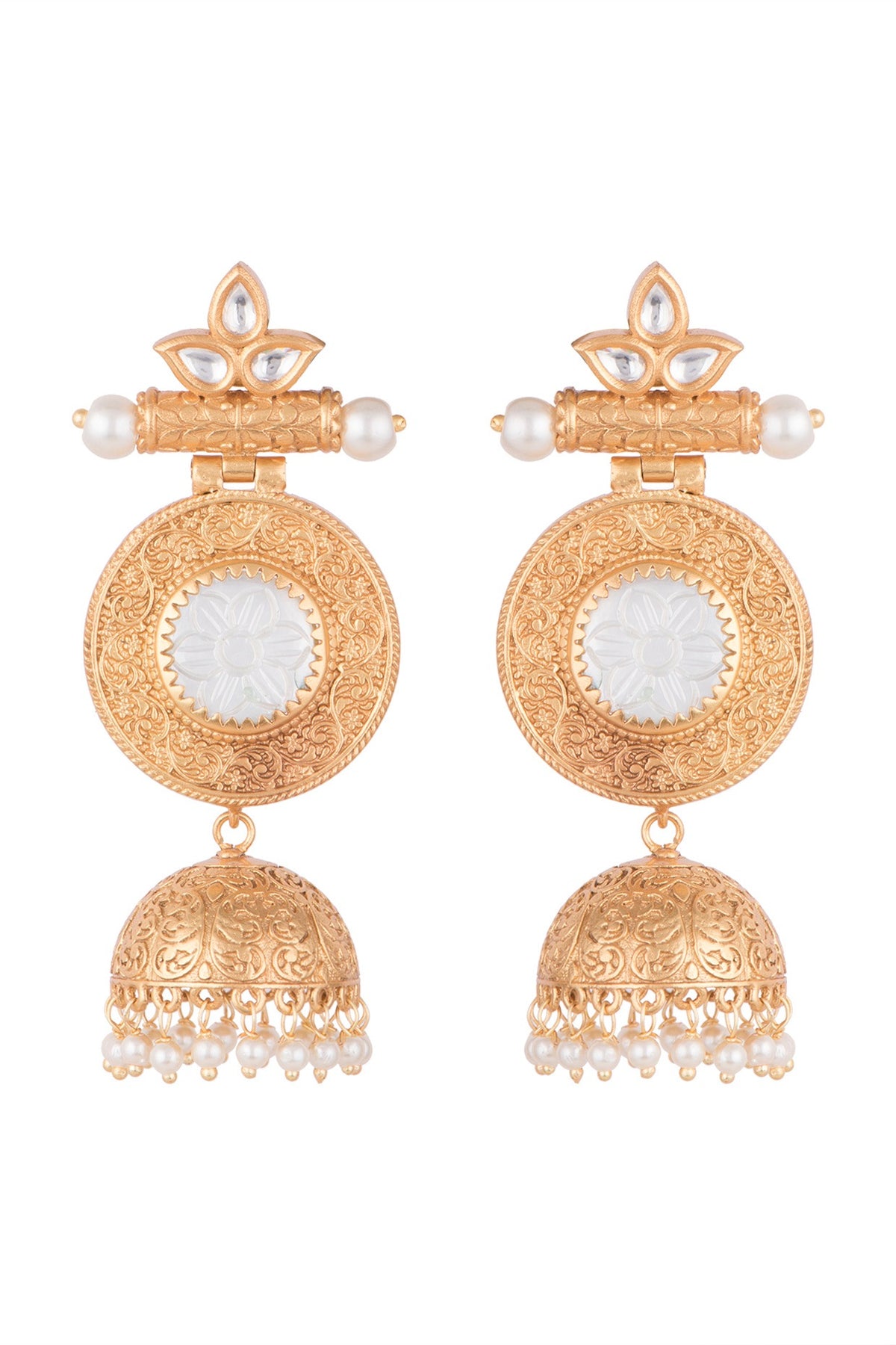 Gold Finish White Stone & Kundan Polki Jhumka Earrings